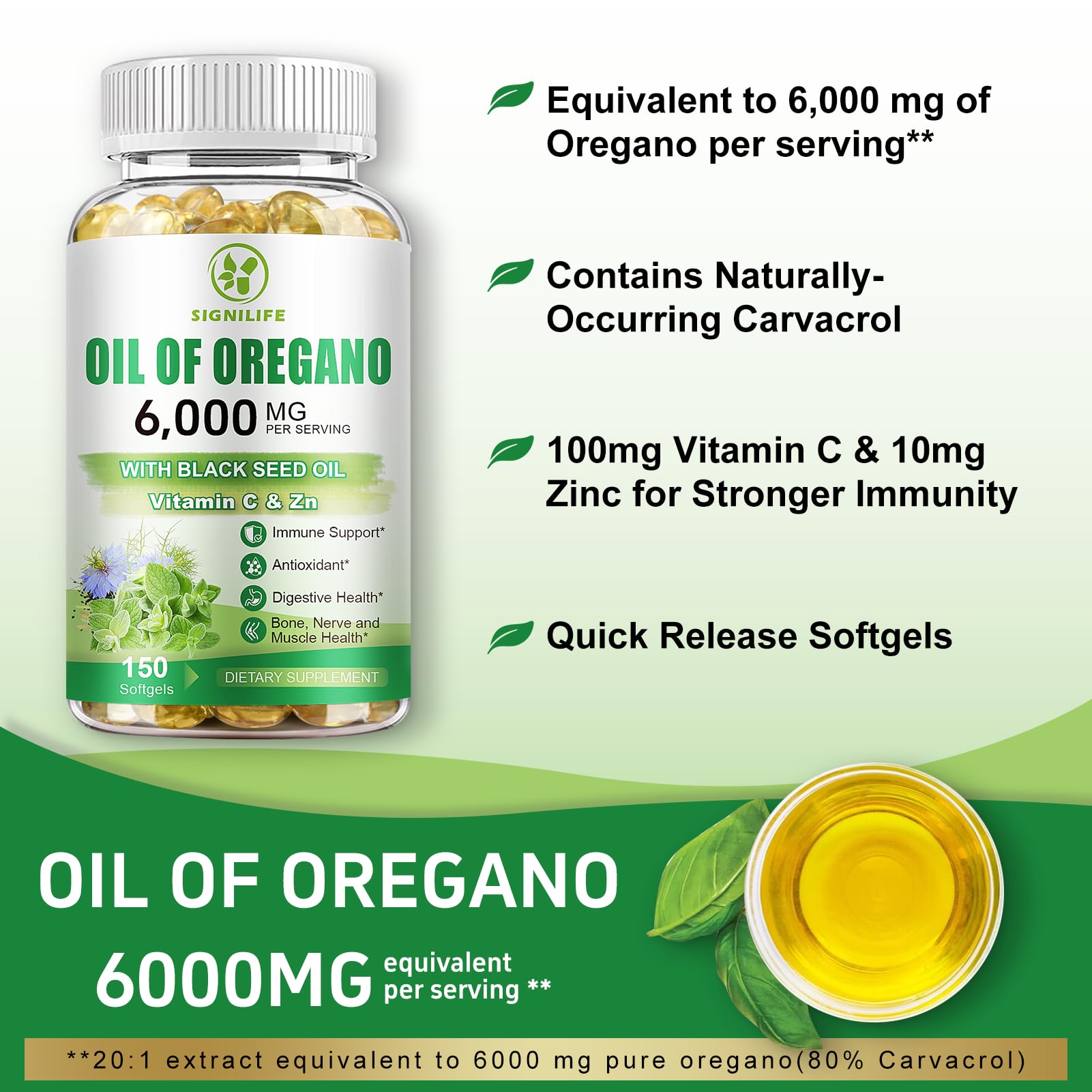 Ingredient card shows vitamin C and zinc with oils in SIGNILIFE formula.