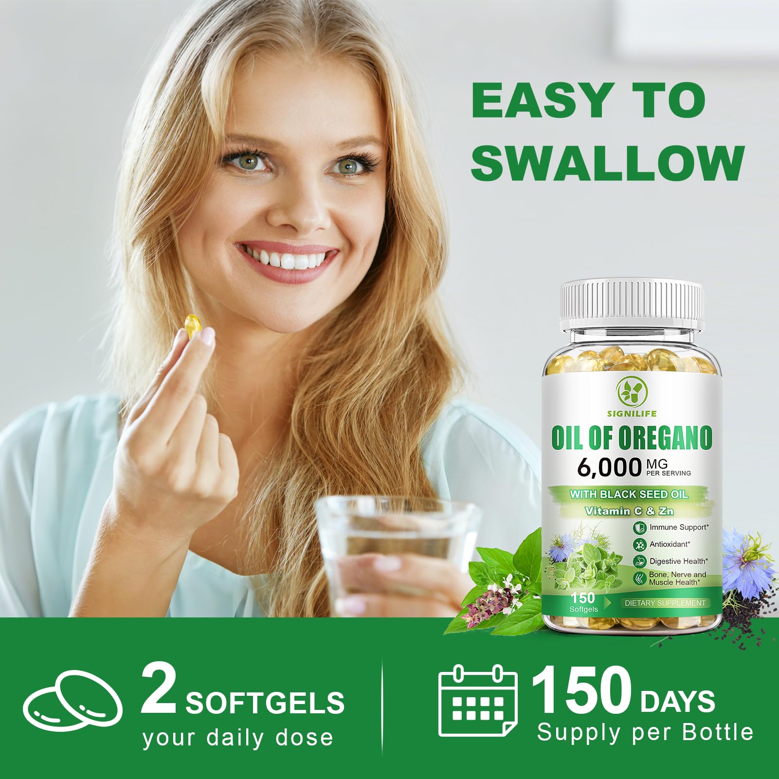 Lifestyle scene with SIGNILIFE capsules and a glass of water.