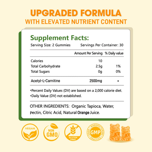 Sijigood acetyl L-carnitine gummies orange flavor on counter highlighting metabolism support.