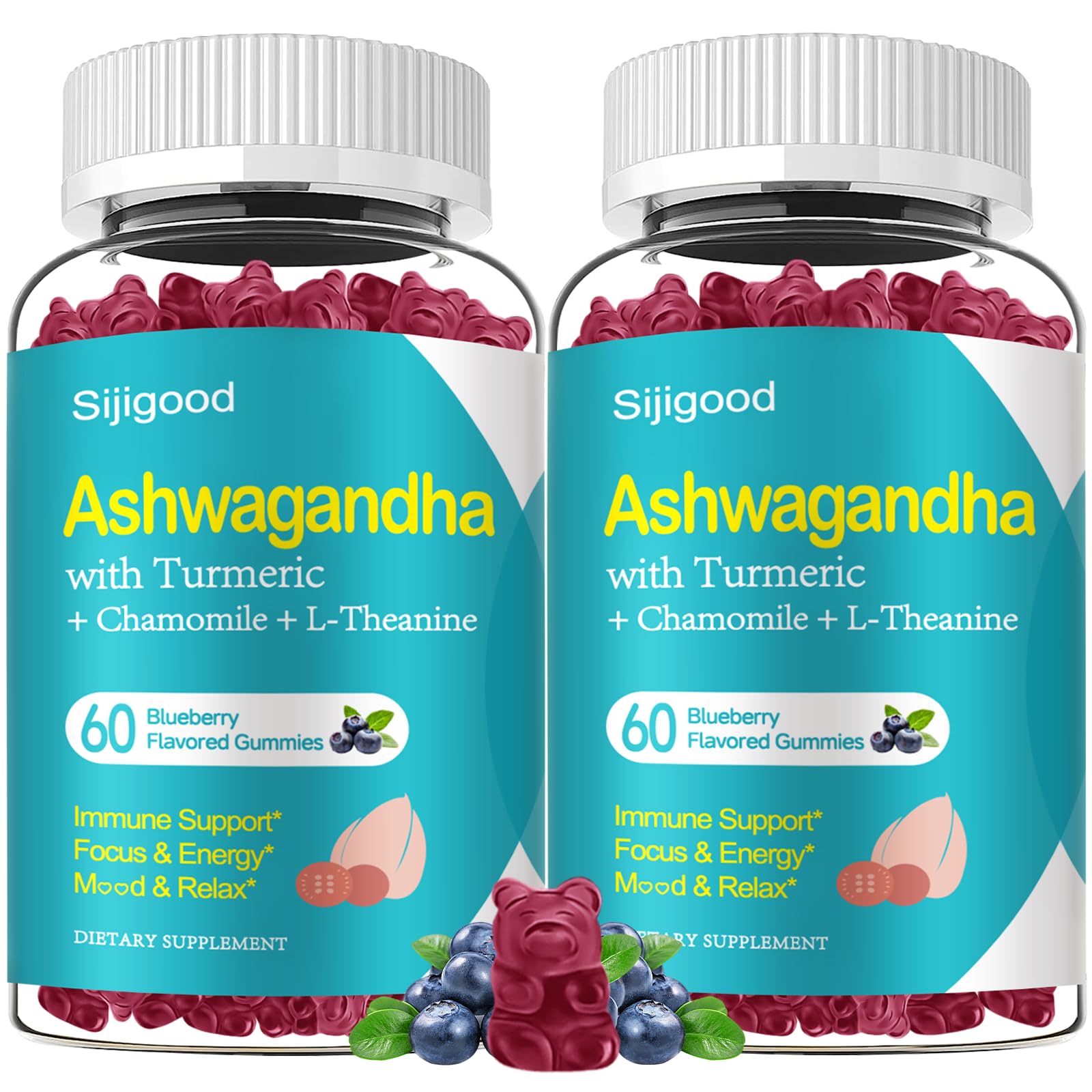 Sijigood Ashwagandha Gummies bottle promoting blueberry flavor and daily wellness.