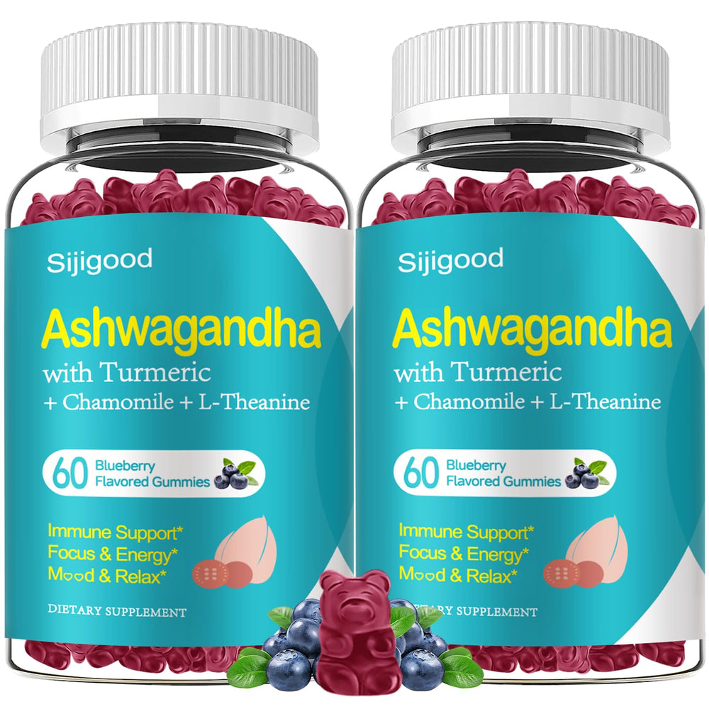 Sijigood Ashwagandha Gummies bottle promoting blueberry flavor and daily wellness.