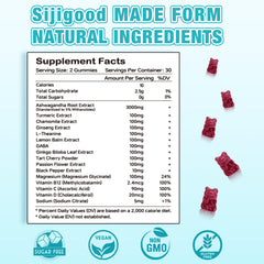 Sijigood Ashwagandha Gummies close-up shows chewy texture and blueberry flavor.