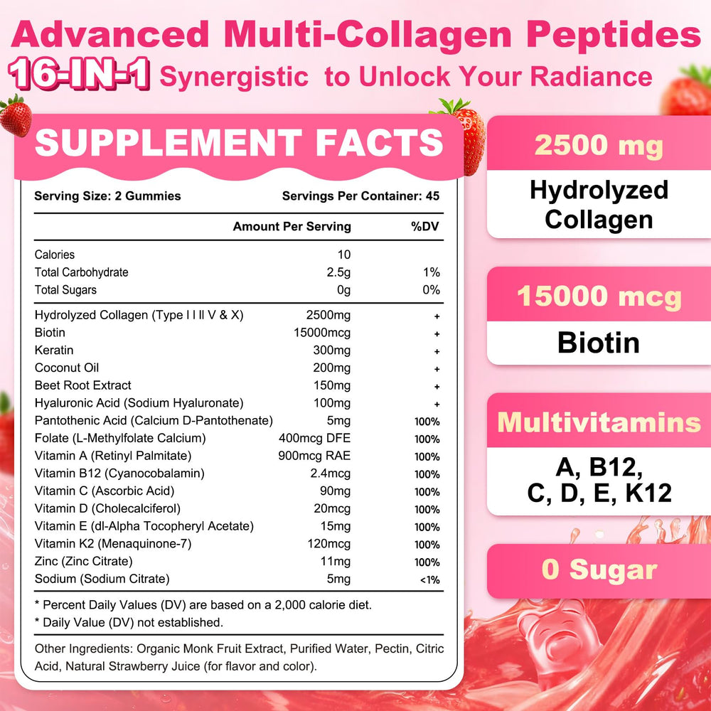 Sijigood collagen gummies ingredient label shows biotin and multi-collagen types for skin and hair.