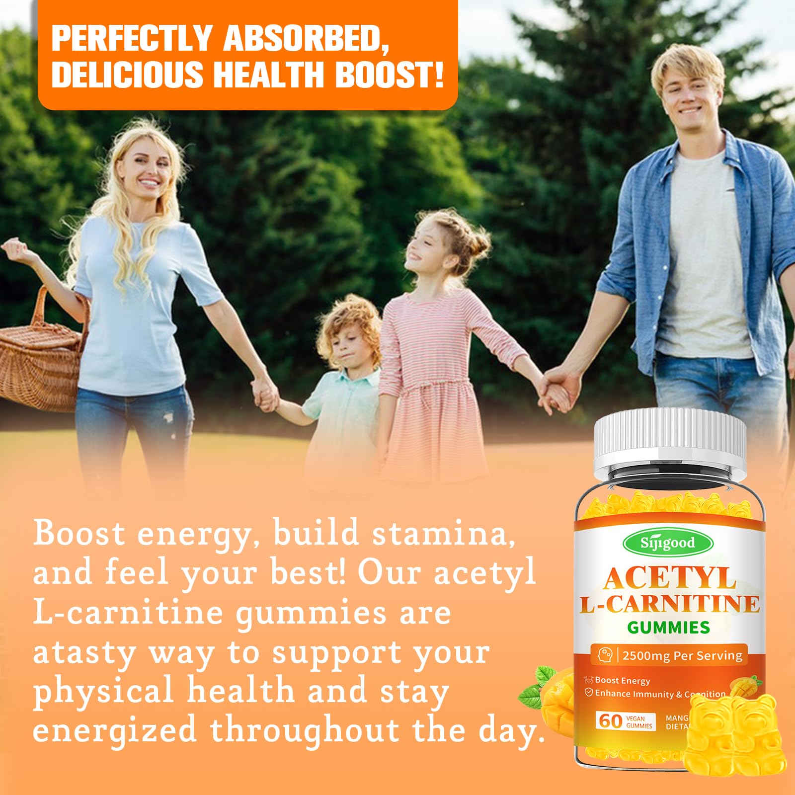 Sijigood gummies on a desk beside vitamins for daily wellness