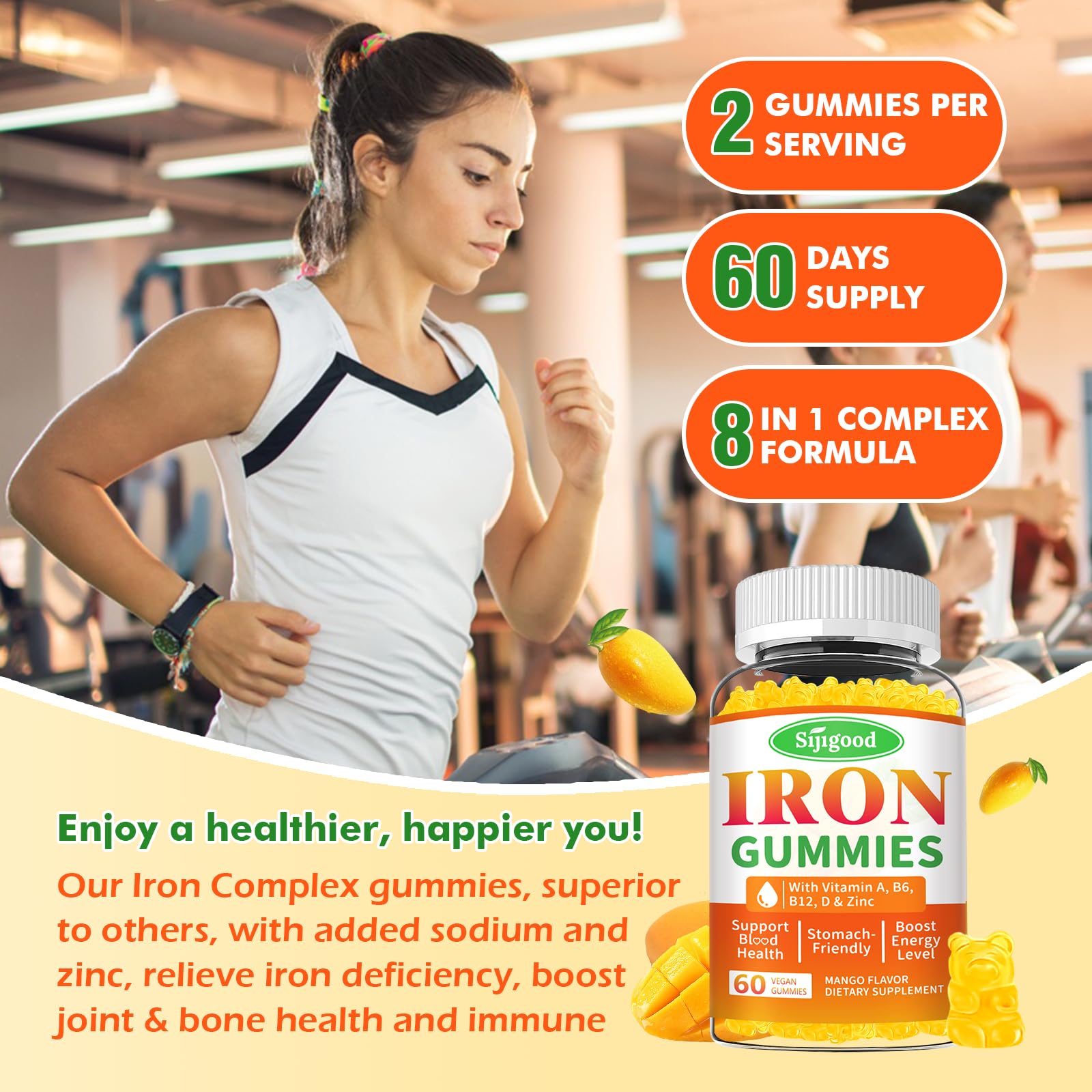 Sijigood iron gummies glass bottle on table conveys premium vegan supplement quality.