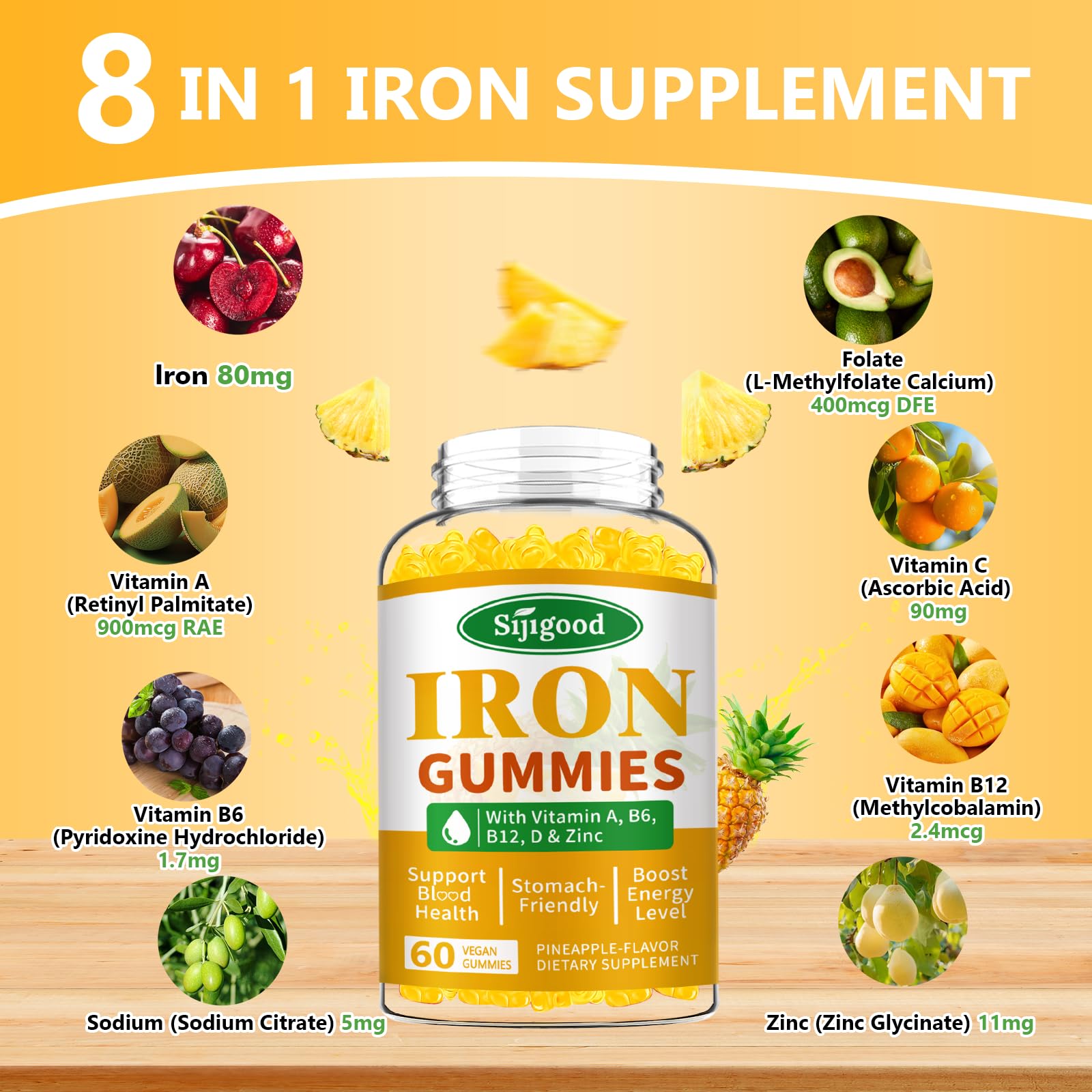 Sijigood iron gummies label panel highlighting vitamin C and B12