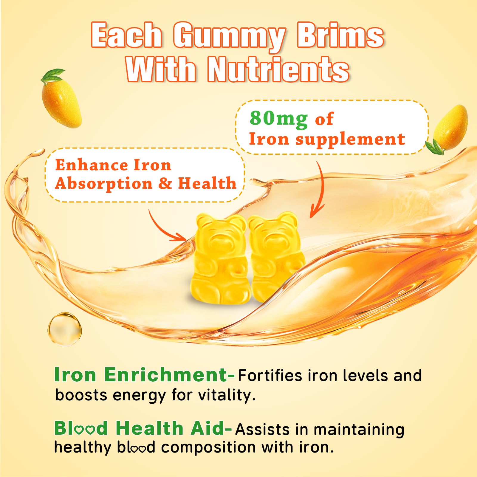 Sijigood iron gummies mango bottle closeup highlights mango flavor and easy daily intake.