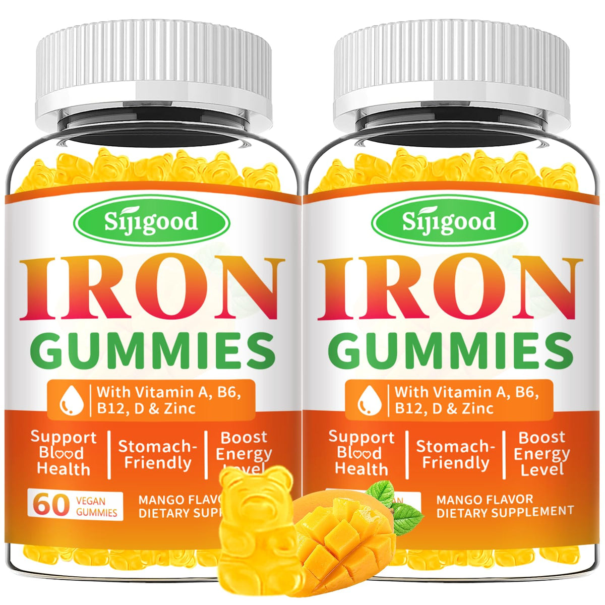Sijigood iron gummies mango bottle – convenient vegan iron source for daily wellness.