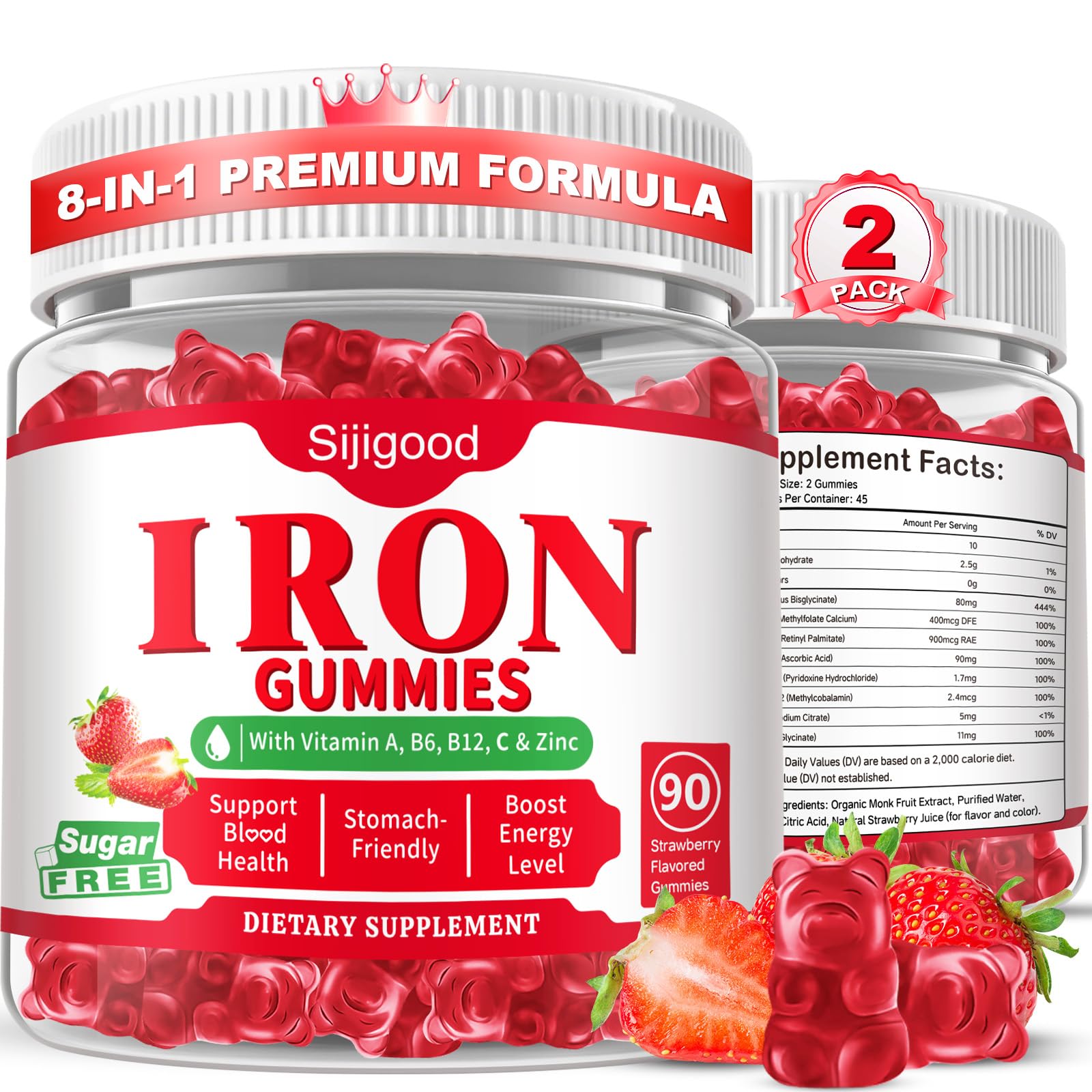 Sijigood iron gummies strawberry bottle showing vegan and gluten-free branding