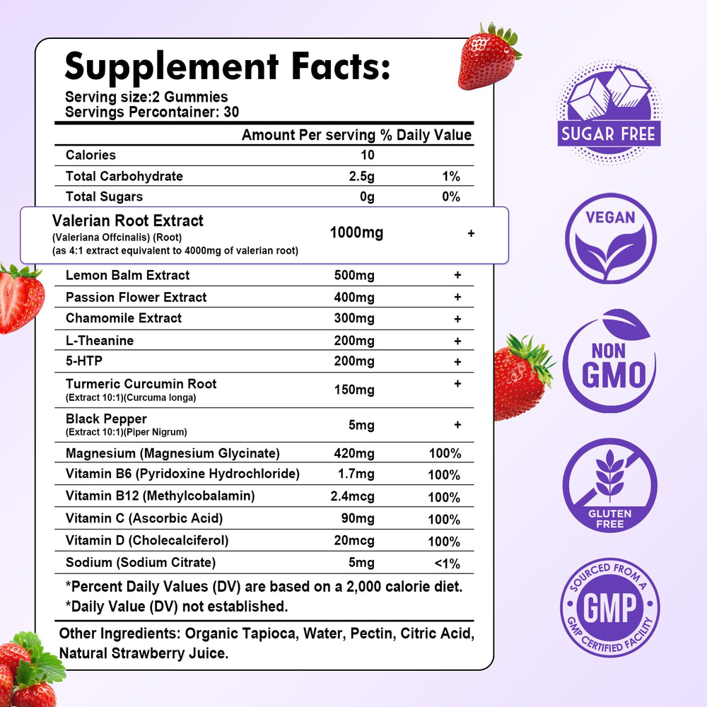 Close-up of Sijigood Valerian Root Gummies showing strawberry flavor appeal.