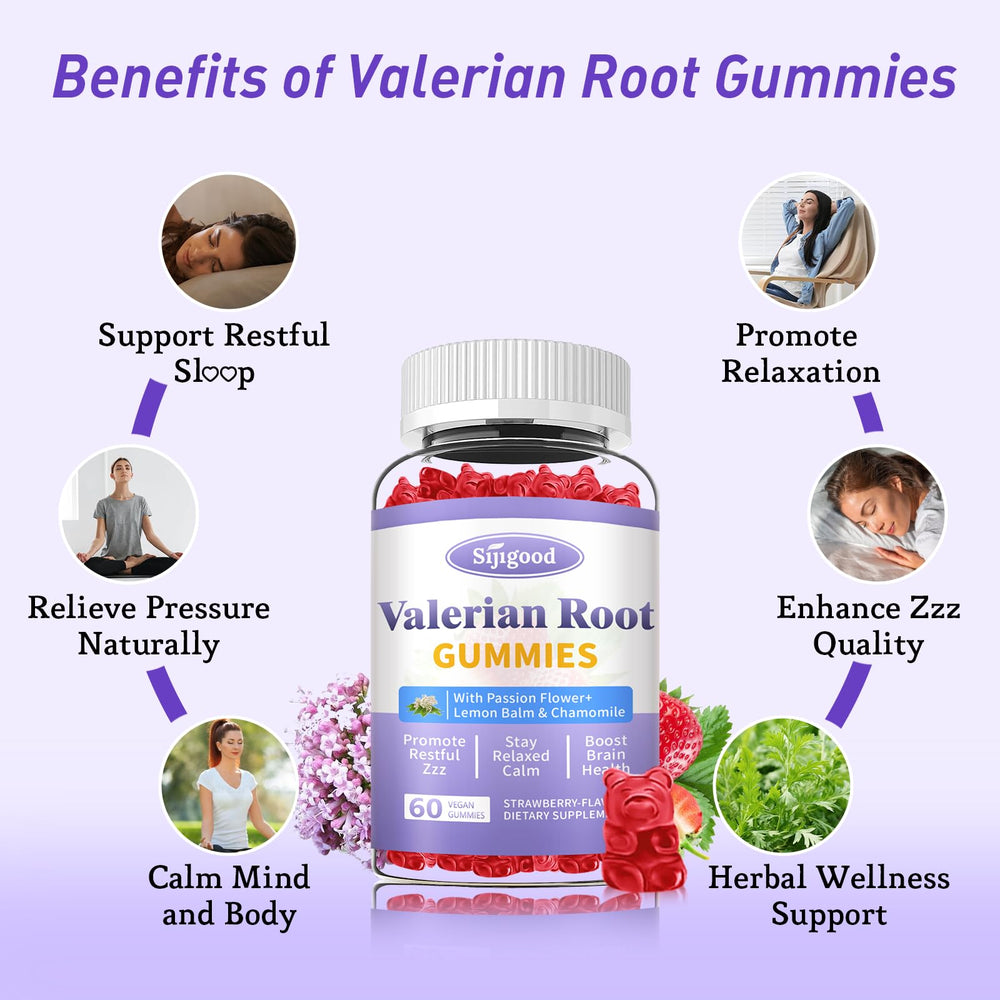 Two-pack display of Sijigood valerian gummies for nightly routines.