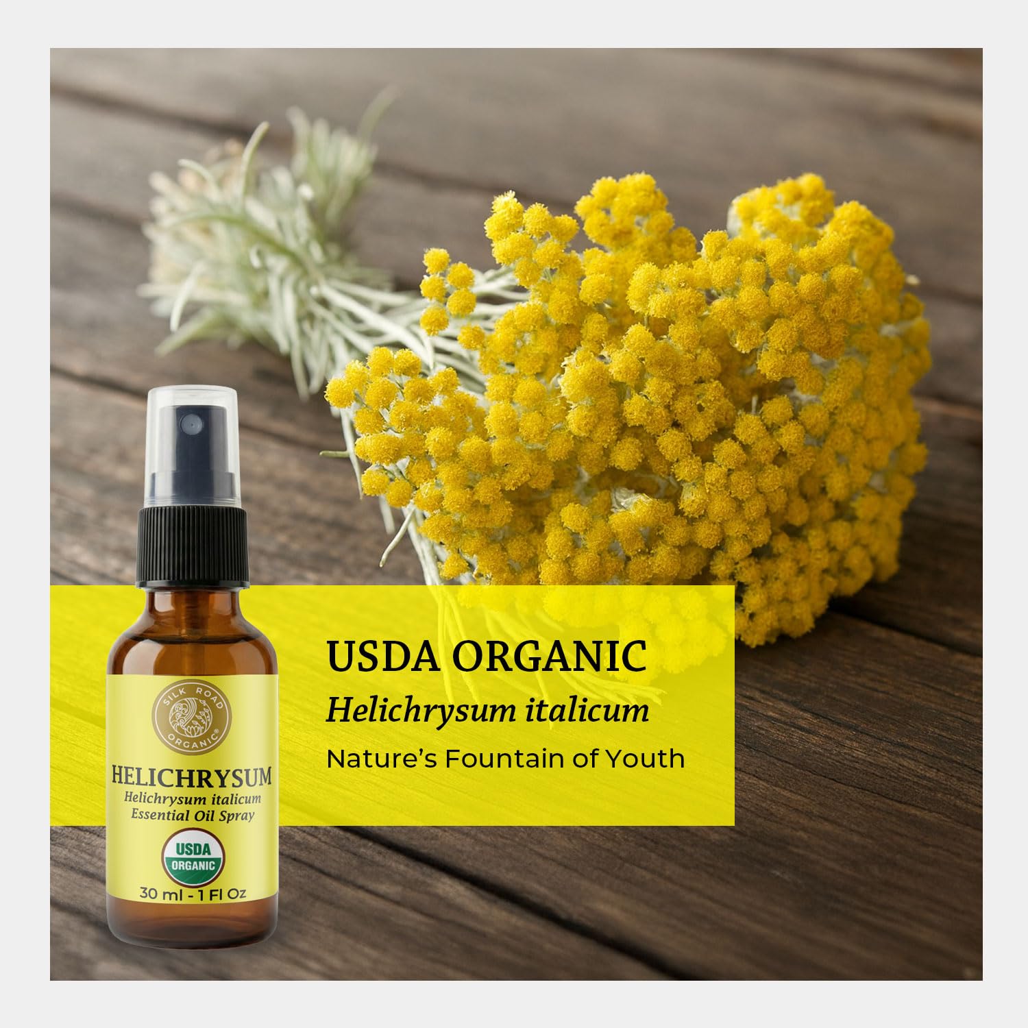 Silk Road Organic Helichrysum label details emphasize purity and quality for daily use.
