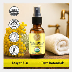 Silk Road Organic Helichrysum spray on skin delivering quick refreshment and hydration.