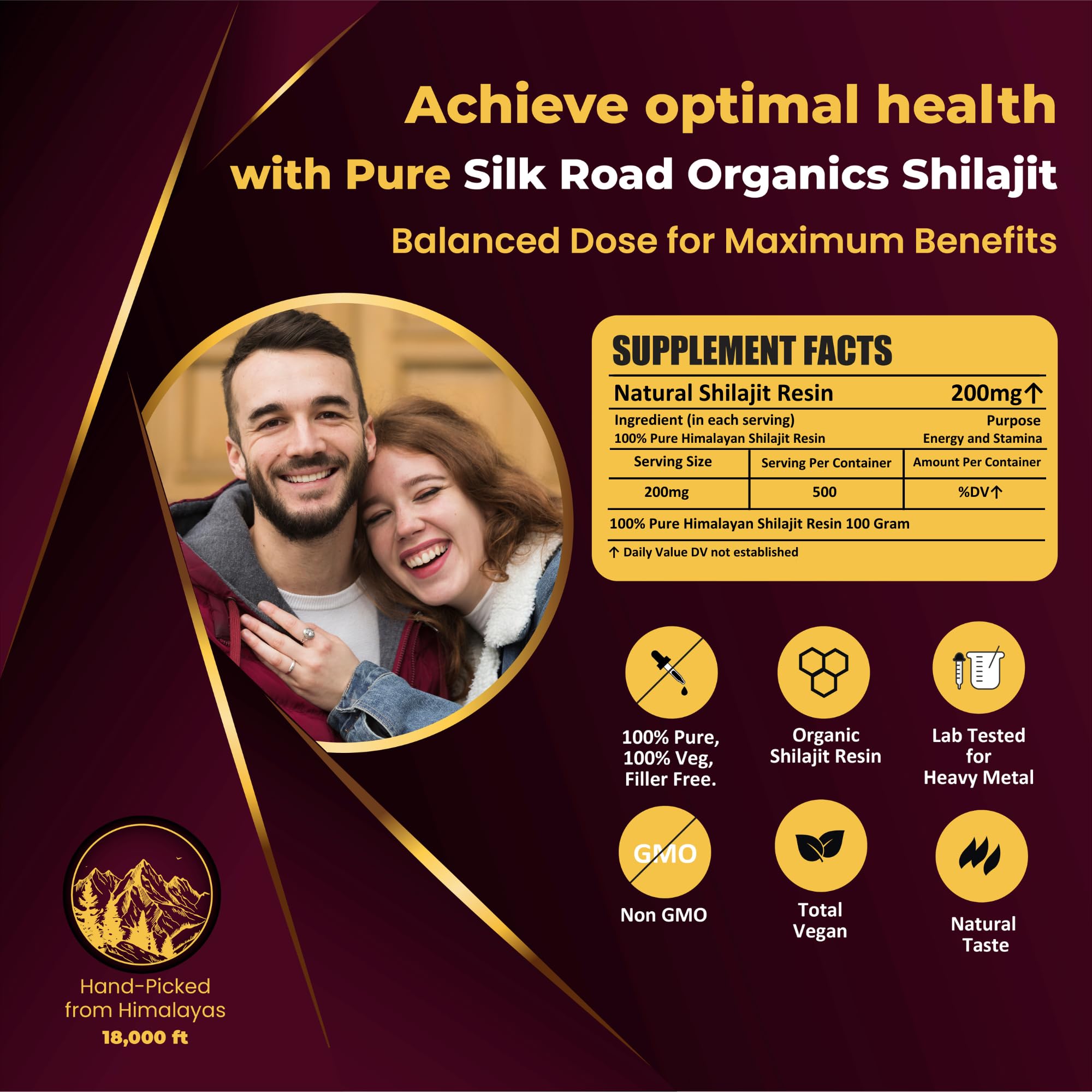 Silk Road Organics gold grade seal on shilajit packaging highlights premium quality