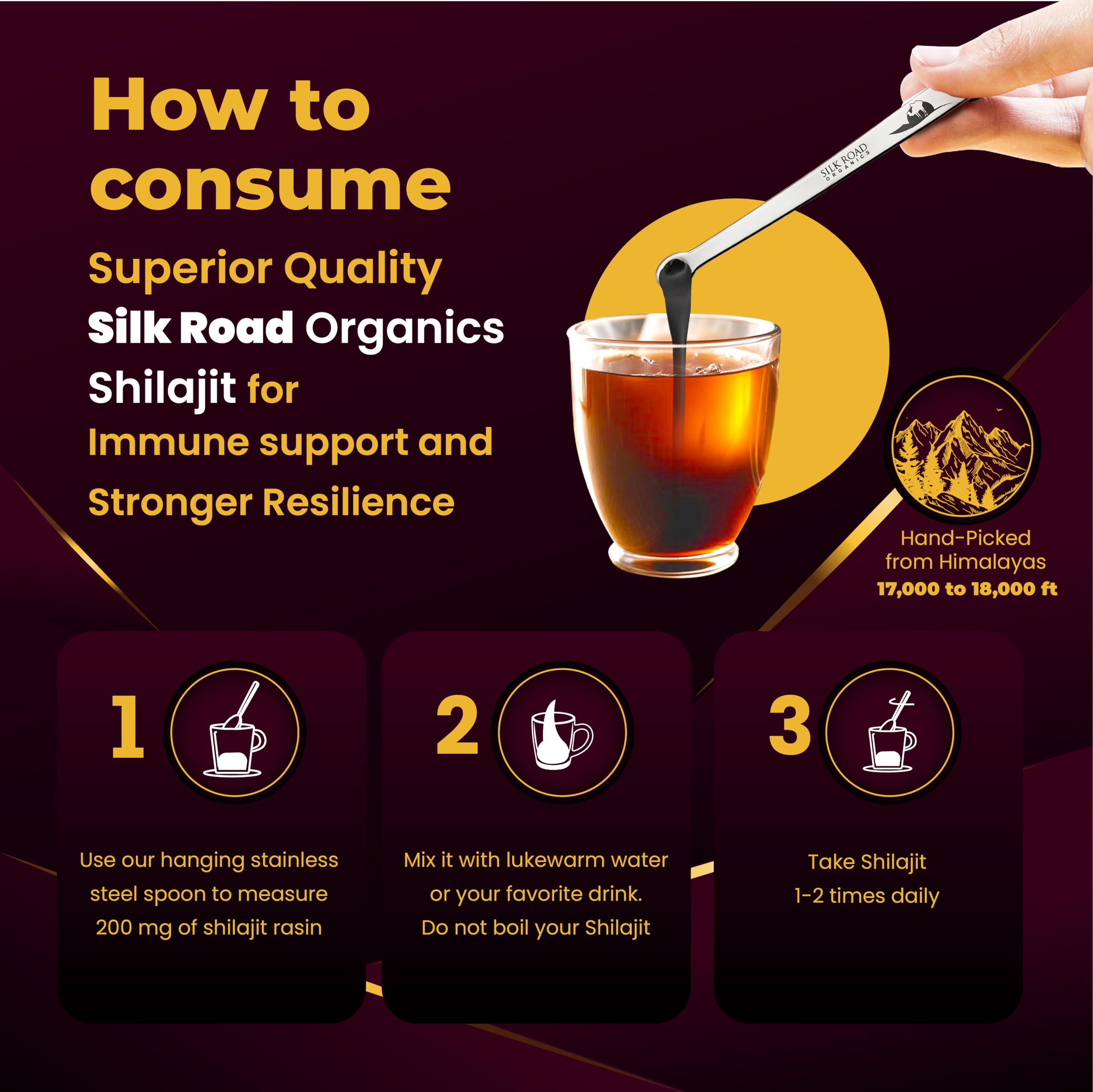 Silk Road Organics measuring spoon with shilajit resin enables precise dosing