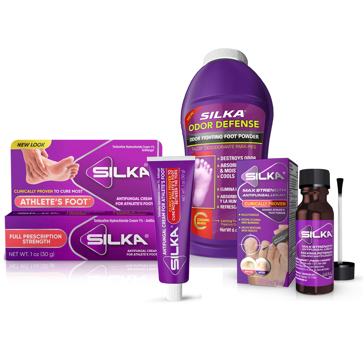 Silka Max Strength Antifungal Liquid bottle applied to the foot.