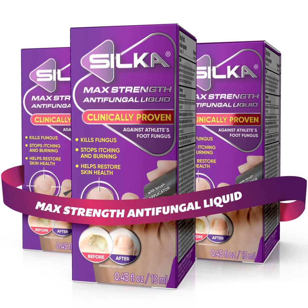 Silka Max Strength brush applicator for precise antifungal treatment around nails.