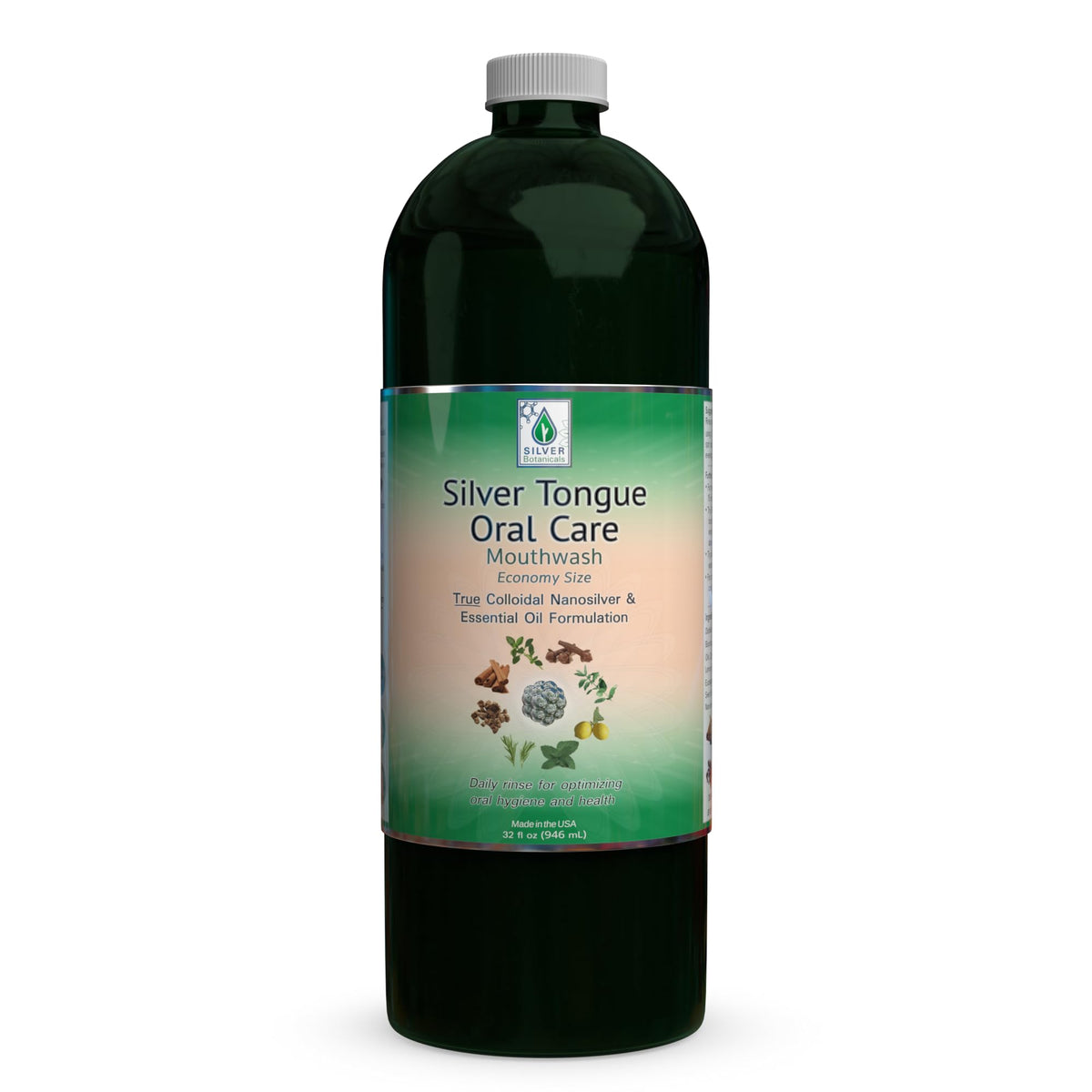 Silver Tongue bottle shows fluoride-free mouthwash for daily use