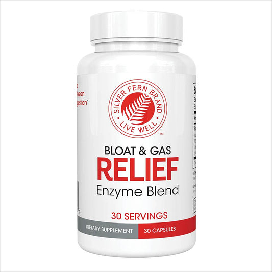 Silver Fern Bloat & Gas Relief bottle standing upright for daily digestive support.