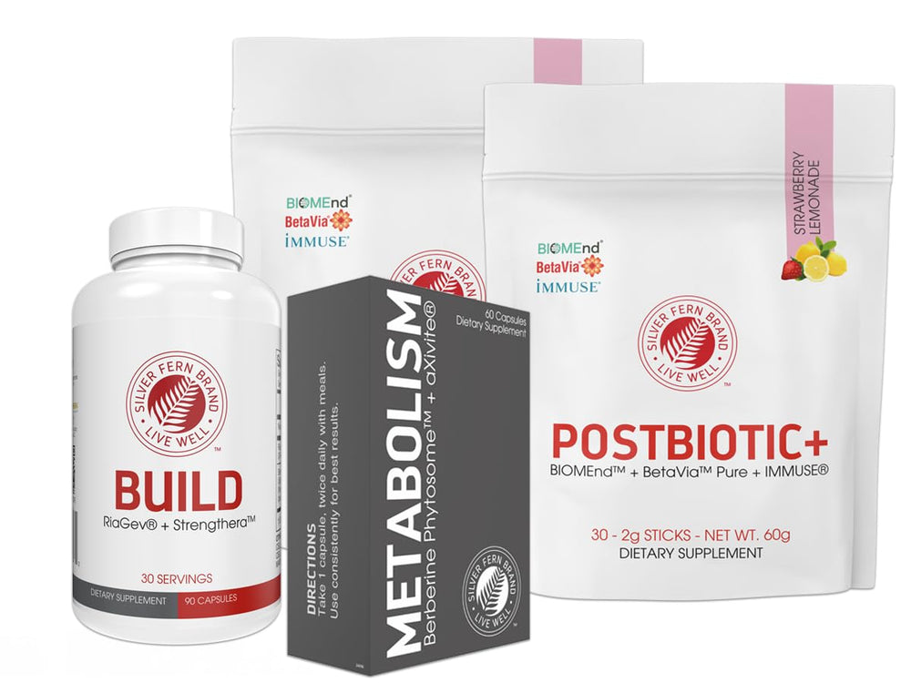Silver Fern Build bottle-cap with capsules for daily strength support.