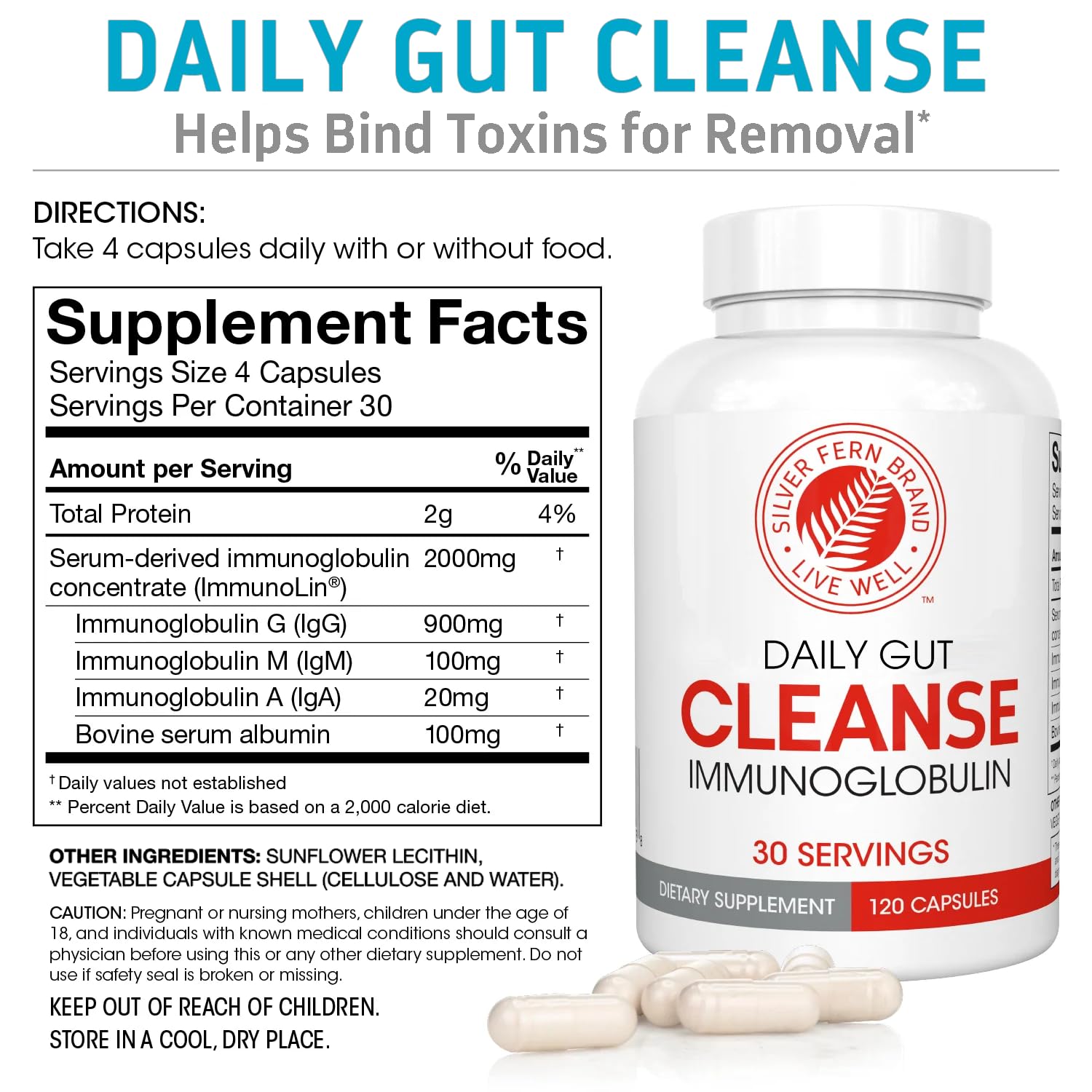 Silver Fern Cleanse capsules close-up showing a 120‑capsule month supply