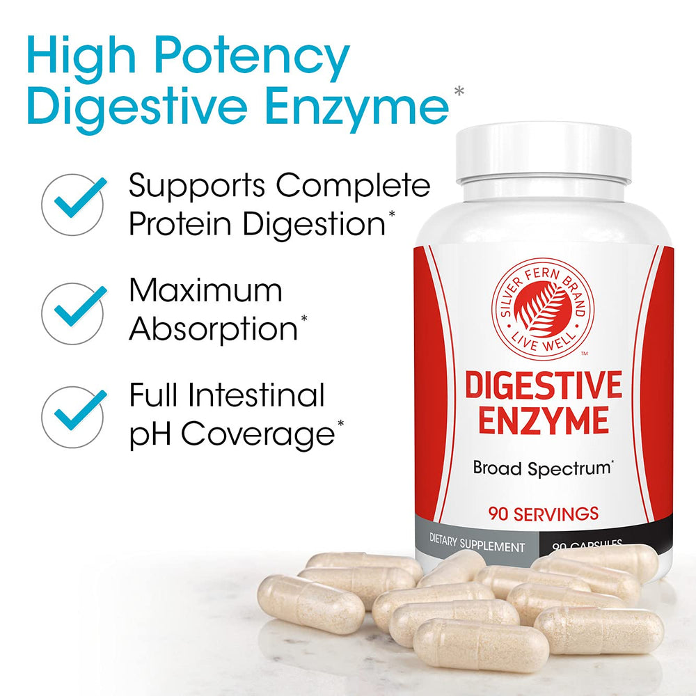 Close-up of Silver Fern digestive enzyme capsules ready for meals.