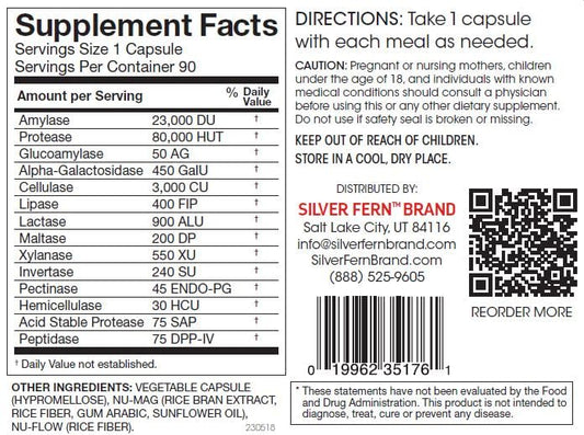 Silver Fern digestive capsules close-up highlighting high potency for protein digestion.