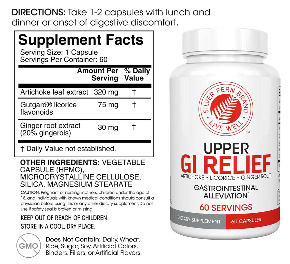Silver Fern GI Relief bottle side view highlighting capsules for easy daily use.