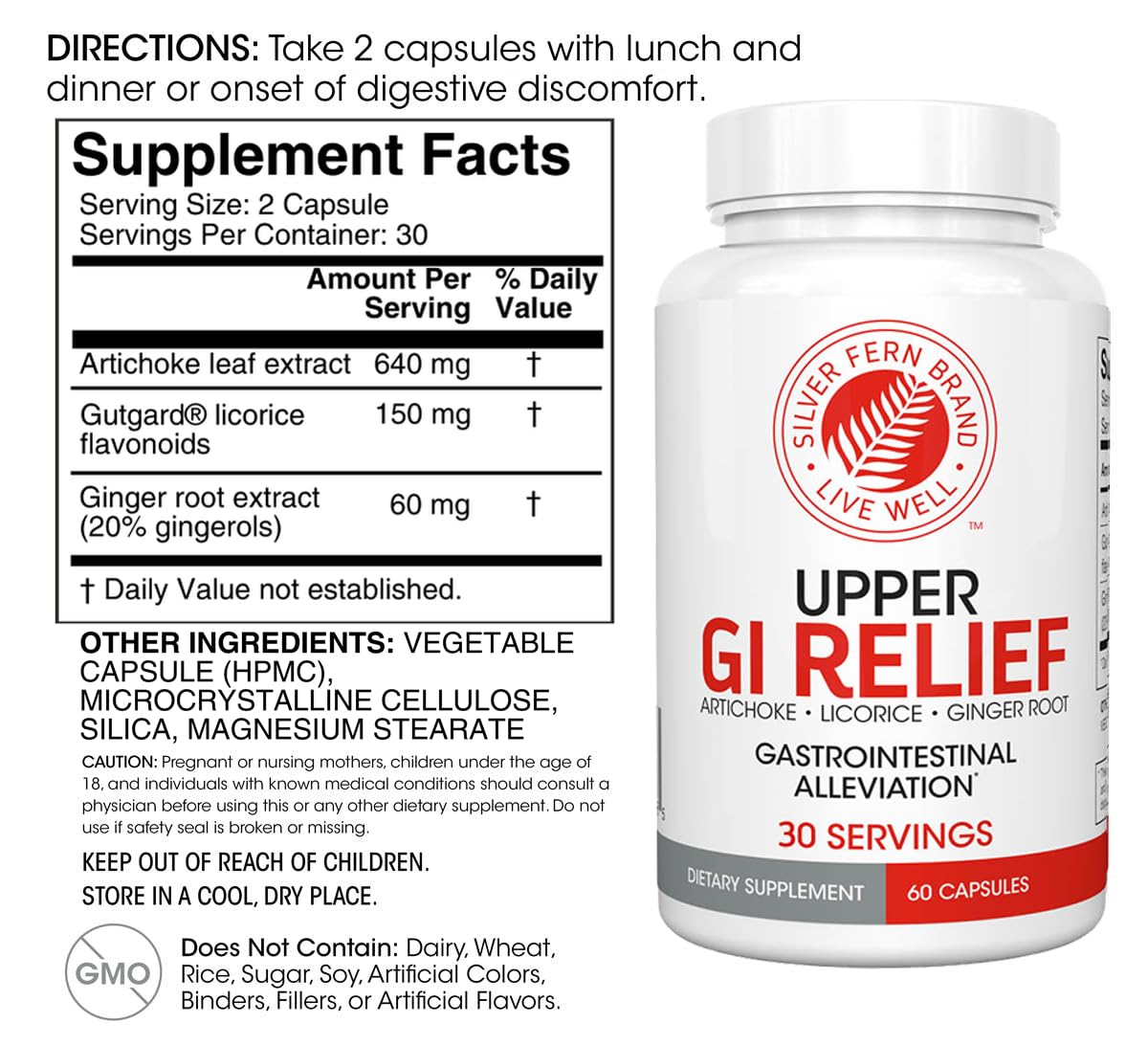 Silver Fern GI Relief bottle side view shows compact 60 capsule supply.