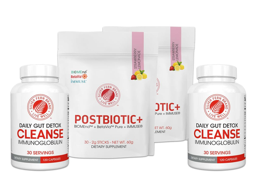 Silver Fern Immune+ postbiotic stick-pack for convenient daily use and immune-support potential.