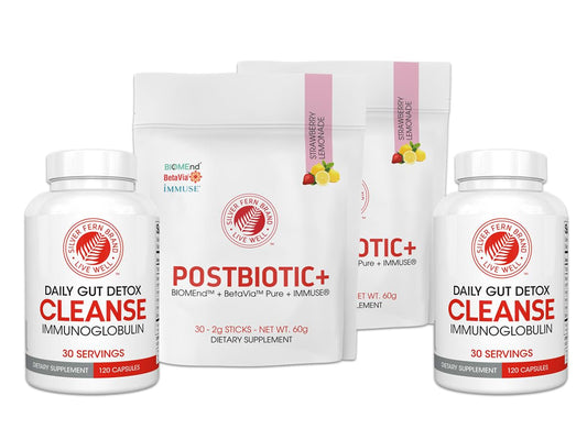 Silver Fern Immune+ postbiotic stick-pack for convenient daily use and immune-support potential.