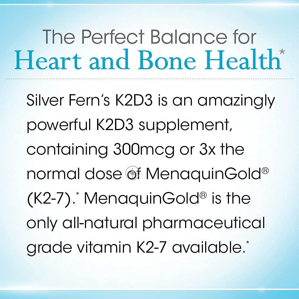 Silver Fern K2-D3 packaging box showcases natural ingredients and bioavailability.