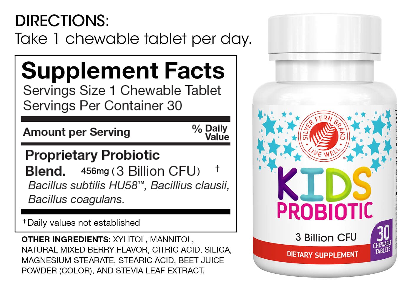 Silver Fern Kids Probiotic bottle back label shows gluten-free and sugar-free formula