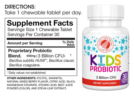 Silver Fern Kids Probiotic bottle back label shows gluten-free and sugar-free formula