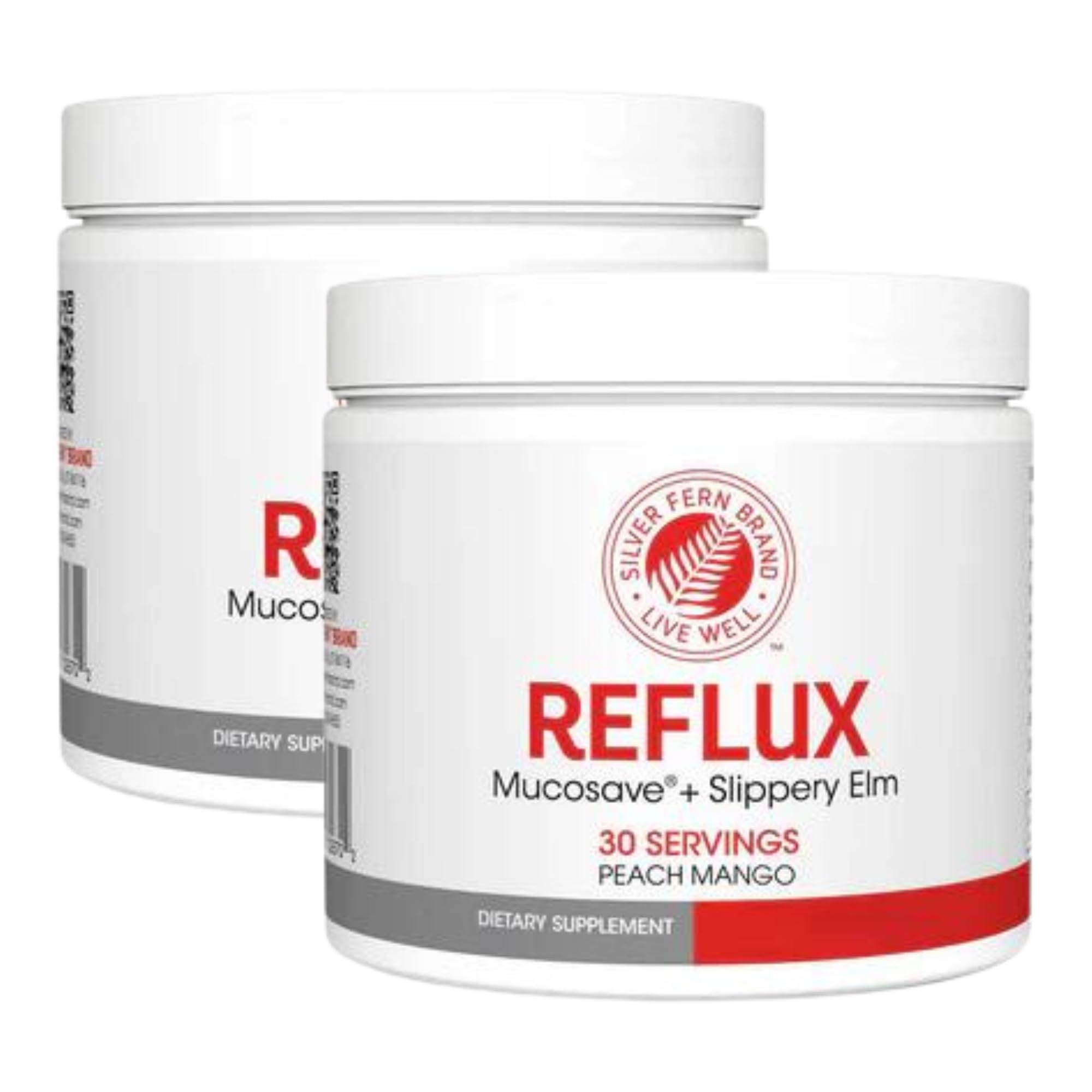 Silver Fern Reflux Peach Mango flavor in a tub, designed for daily use.