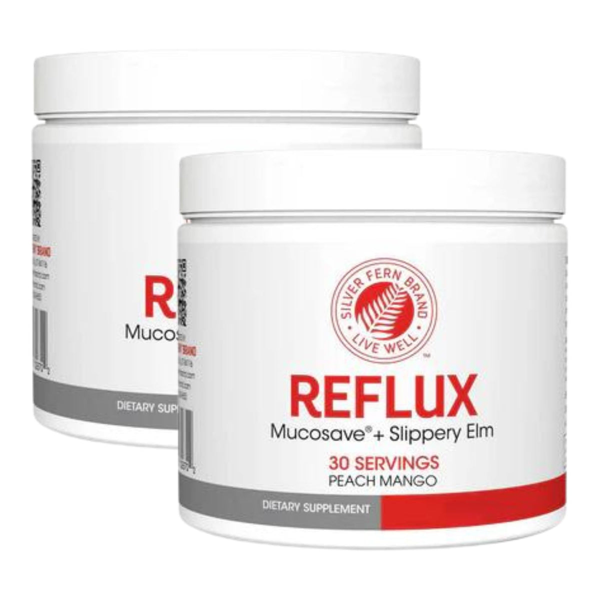 Silver Fern Reflux Peach Mango flavor in a tub, designed for daily use.