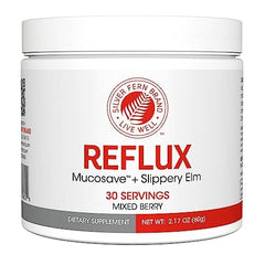 Silver Fern Reflux tub showing 30 servings for daily mucosal support.