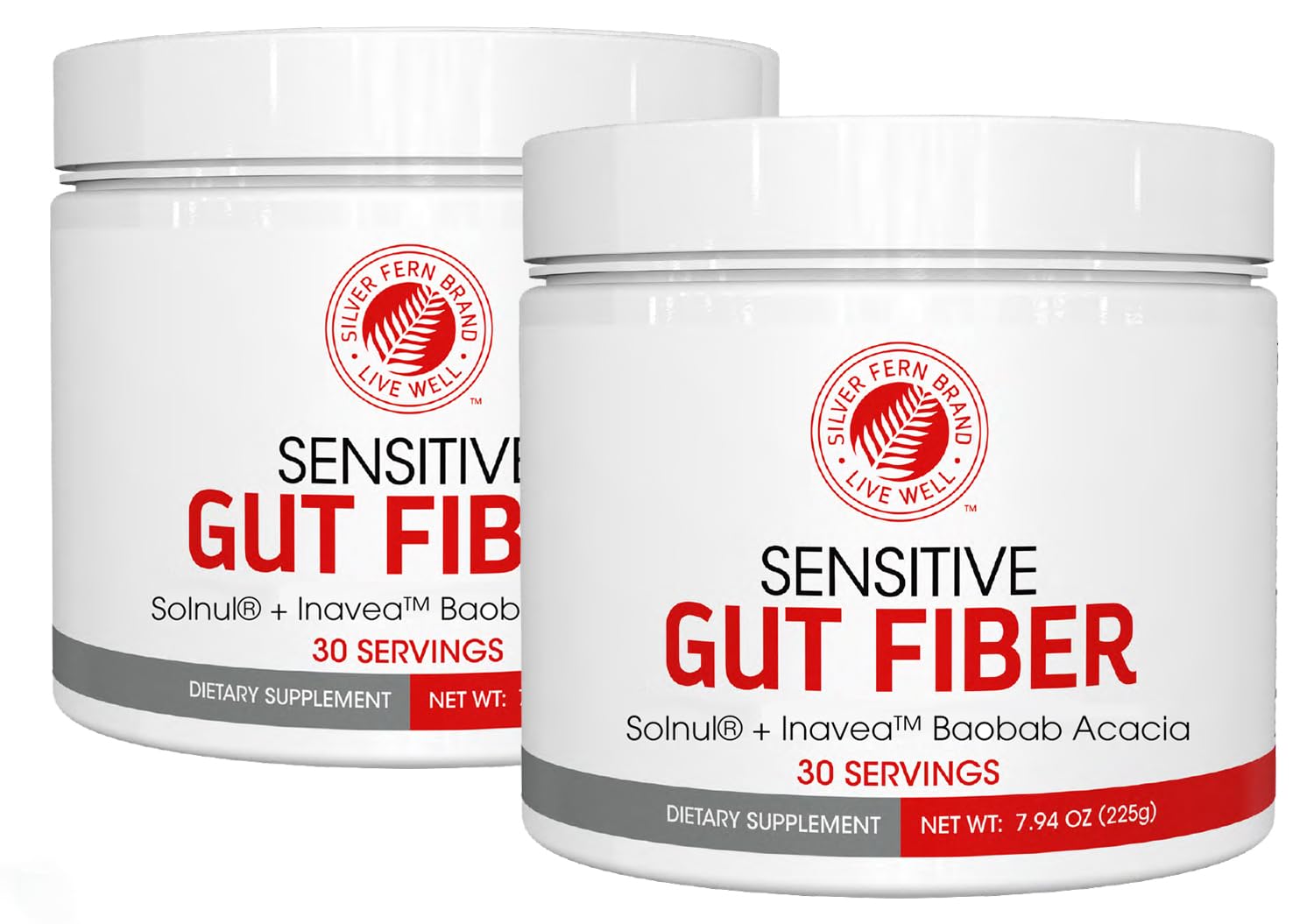 Silver Fern Sensitive Gut Fiber tub front showing 30 scoops for daily use
