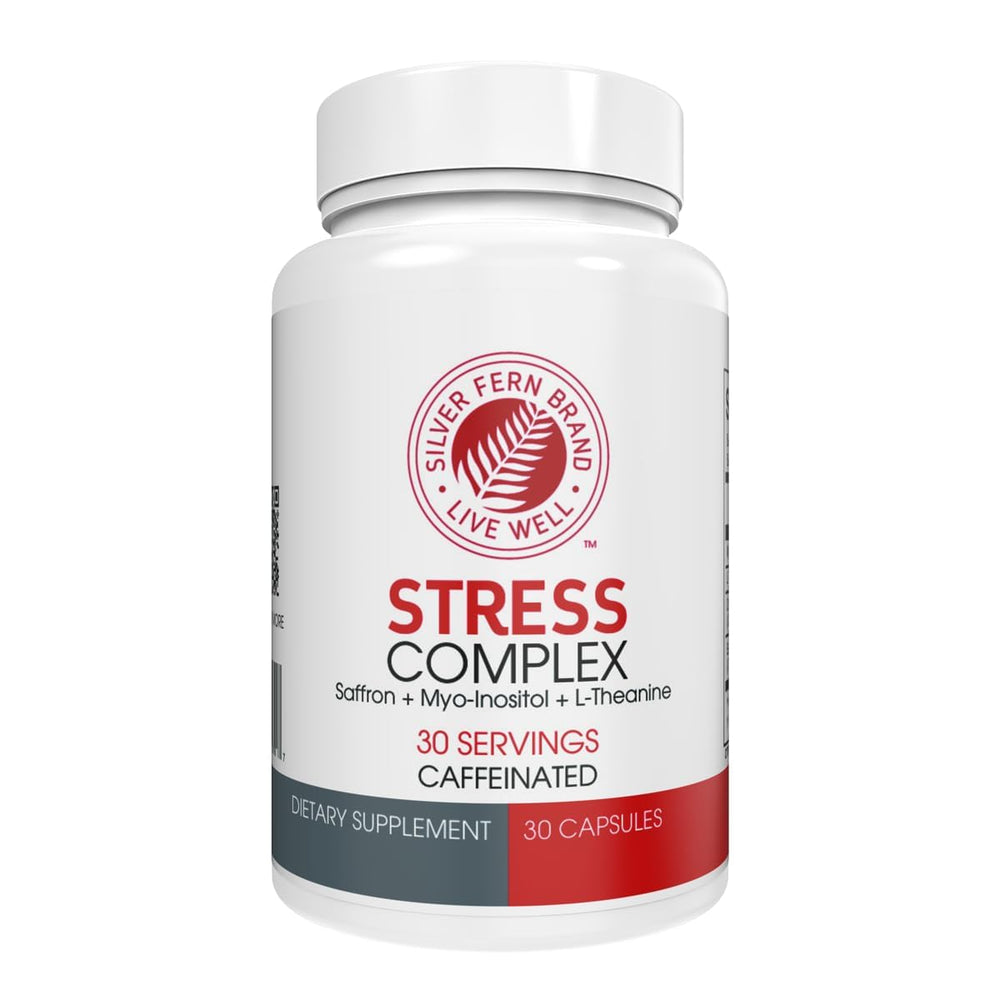 Silver Fern Stress Complex bottle shows 30 capsules for daily stress-related support