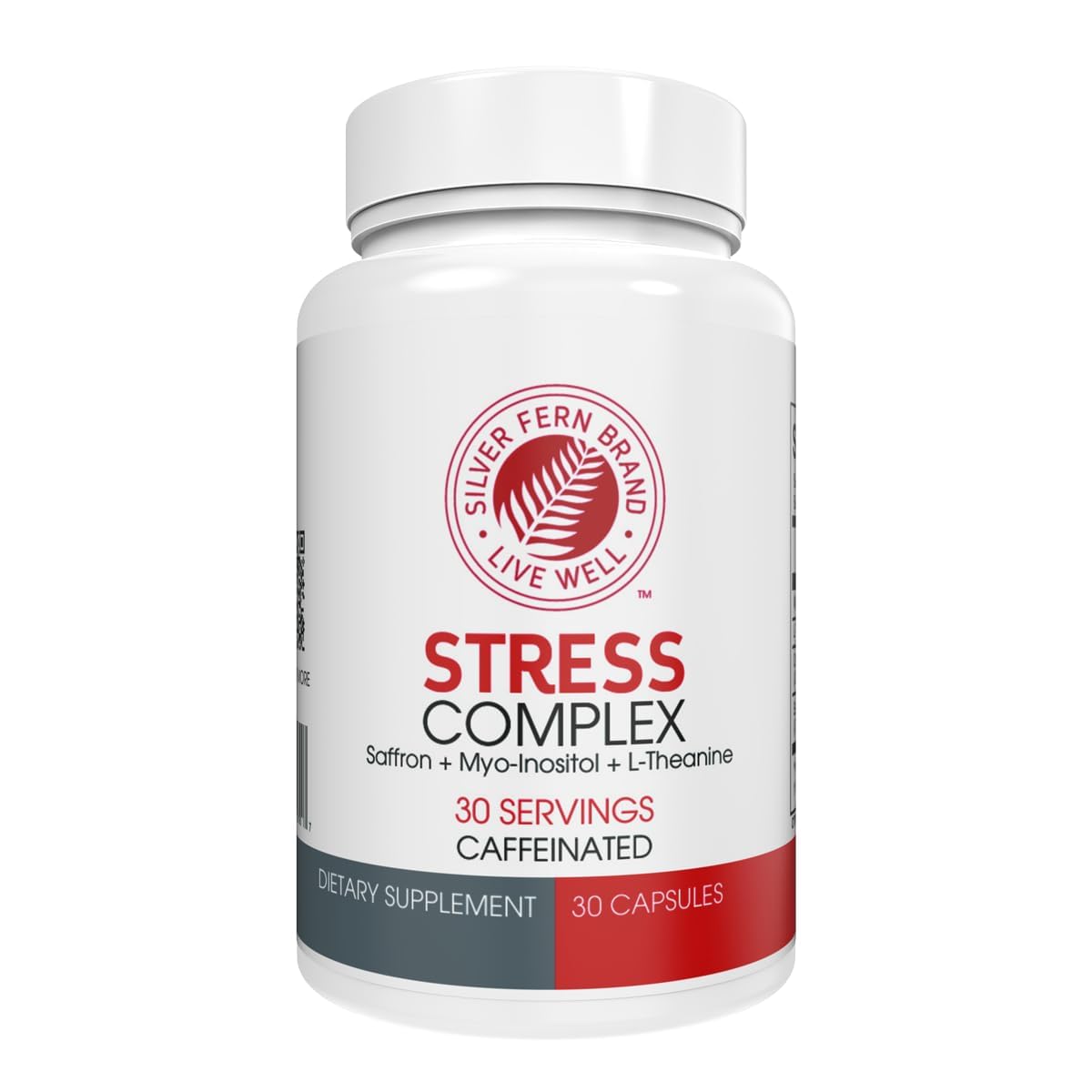 Silver Fern Stress Complex bottle shows 30 capsules for daily stress-related support
