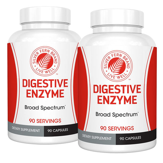 Silver Fern Ultimate Digestive Enzyme bottles displayed for daily meals, supporting digestion.