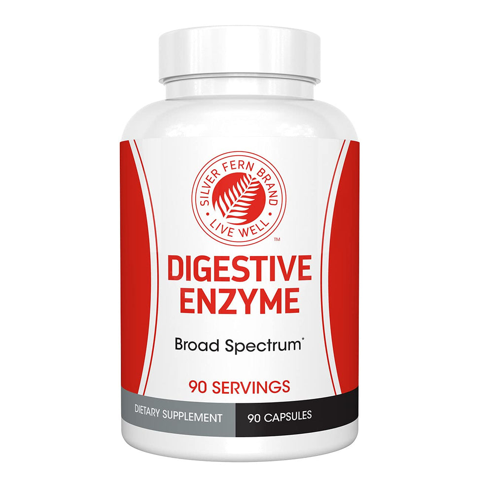 Silver Fern Ultimate Digestive Enzymes bottle showing 90 capsules for enhanced meal-time comfort.