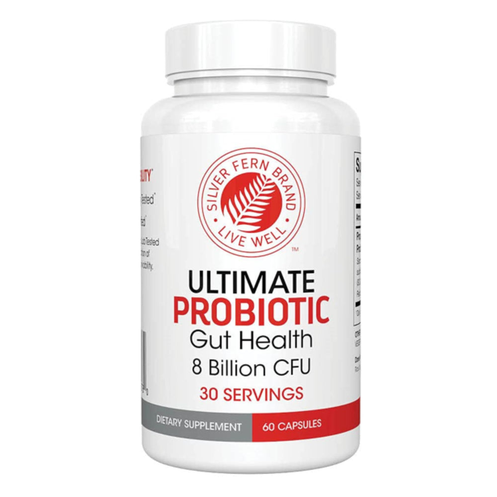 Silver Fern Ultimate Probiotic bottle label highlights 60 capsules for gut balance.