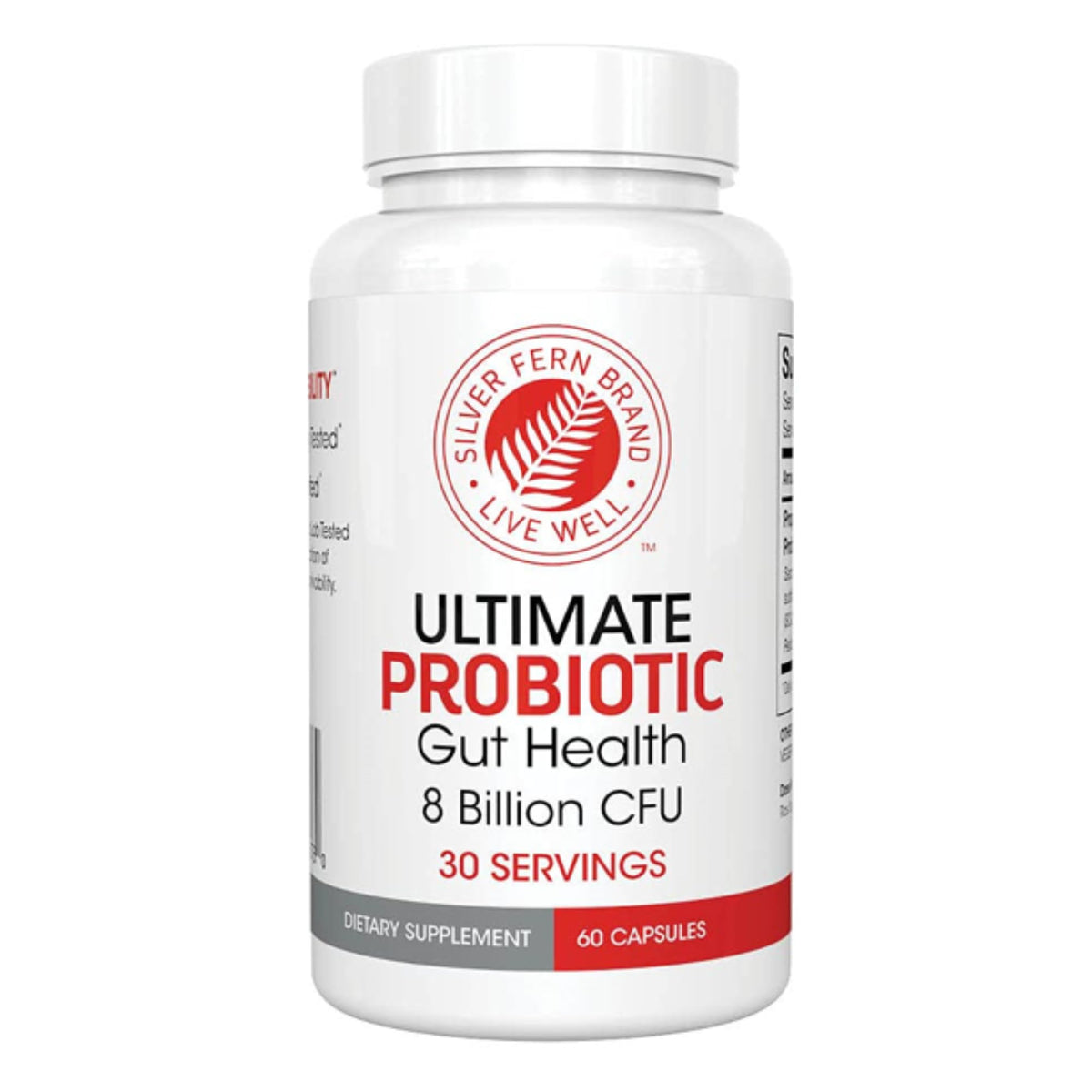 Silver Fern Ultimate Probiotic bottle label highlights 60 capsules for gut balance.