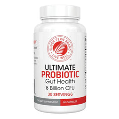 Silver Fern Ultimate Probiotic bottle label highlights 60 capsules for gut balance.