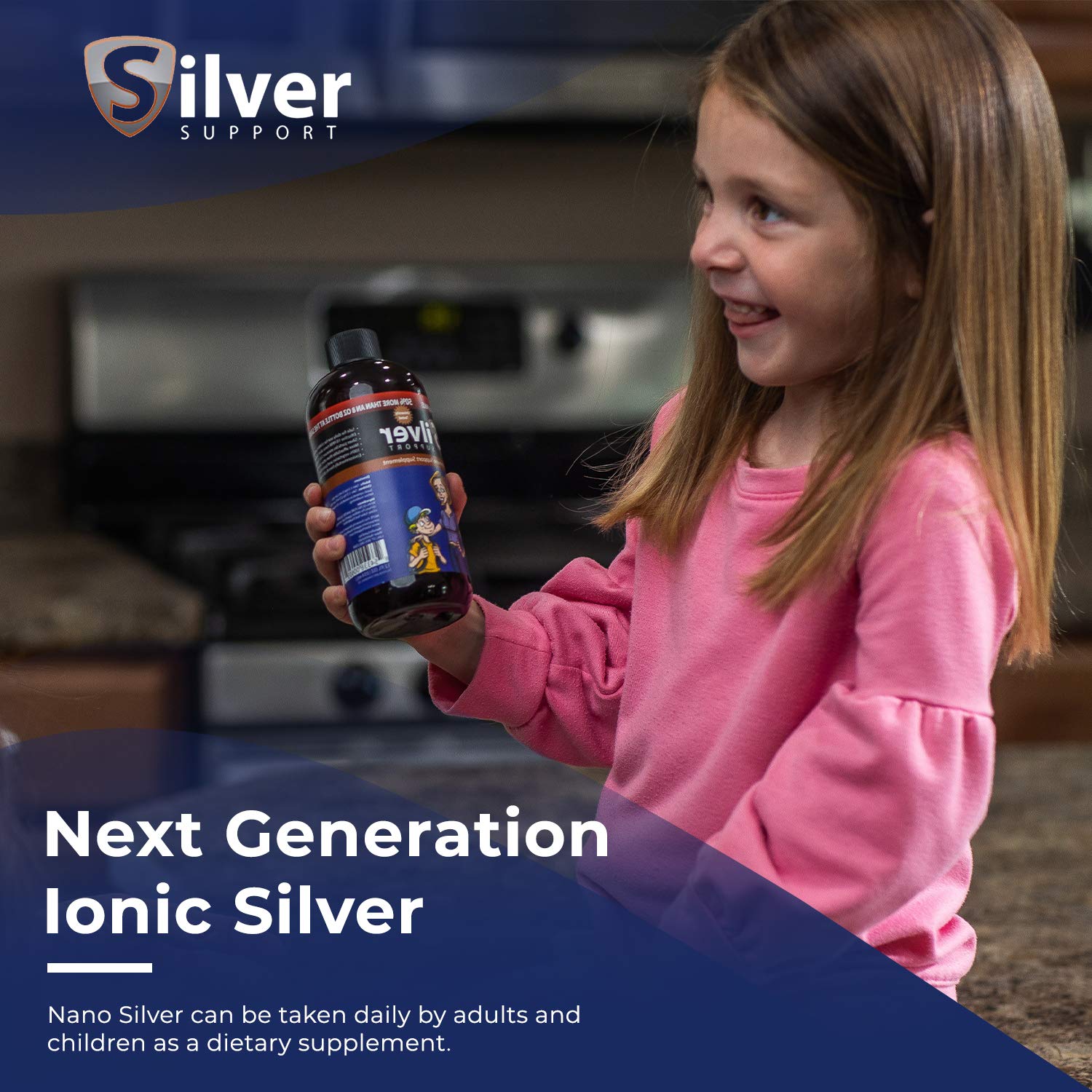 Silver Support 10ppm bottle pour demonstrating easy dosage for everyday wellness routines