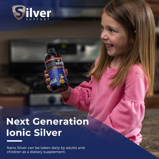 Silver Support 10ppm bottle pour demonstrating easy dosage for everyday wellness routines