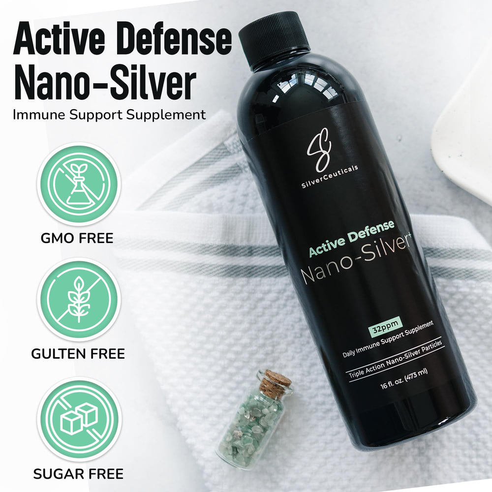 SilverCeuticals nano silver bottle on a clean surface.
