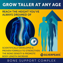 SILVERPEAKS Growth Capsules label close-up highlighting calcium and vitamin D.