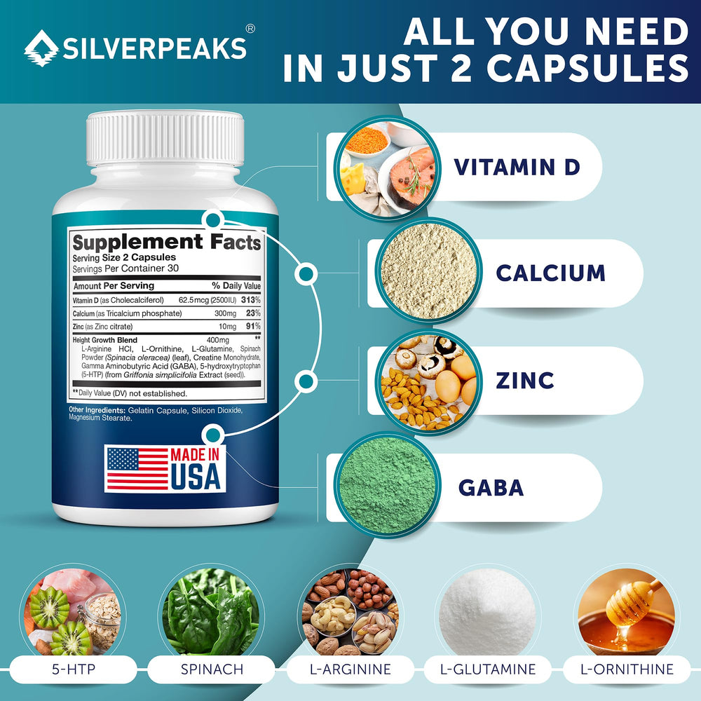 SILVERPEAKS Growth Capsules made in USA badge and capsule details visible.